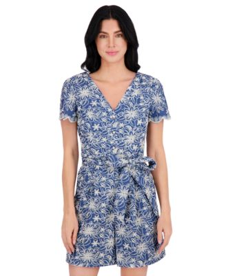 Women's Eyelet Short-Sleeve Belted Romper