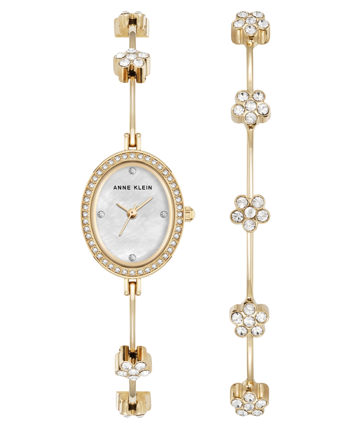 Anne Klein Women's Quartz Delicate Crystal Flower Gold-tone Stainless Steel Bracelet Watch Set, 19mm In Gold