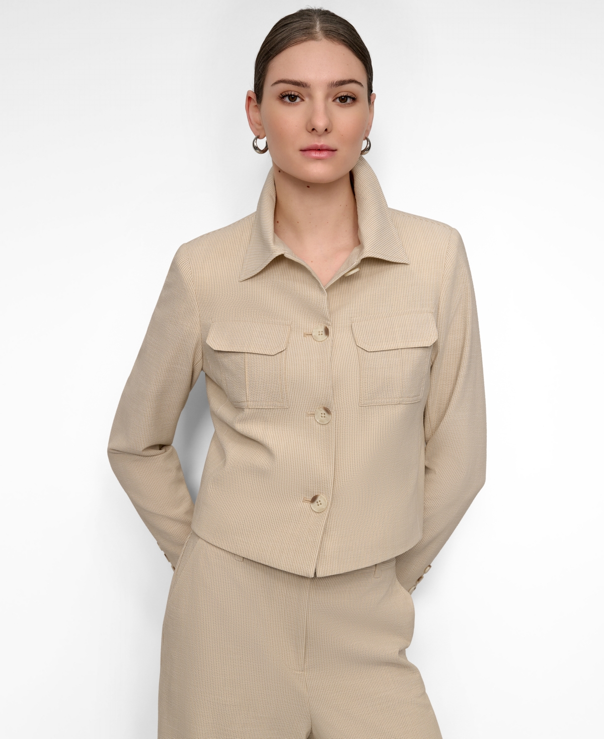 Women's Seersucker Button-Front Cropped Jacket - Travertine Stripe