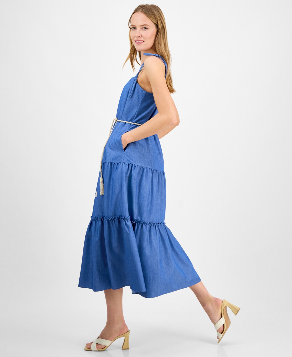 Julia Jordan Women's Sleeveless Tie-shoulder-strap Tiered Maxi Dress