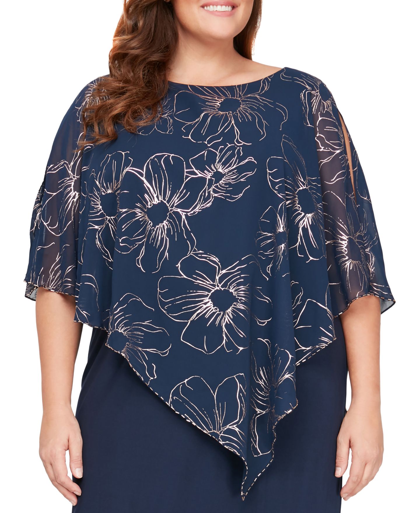 Женское платье SL Fashions Plus Size Floral-Print Overlay, цвет: Тёмно-синий / Розовый золотой — фото 2