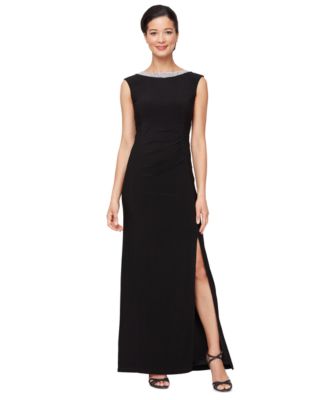 Petite Embellished-Neck Side-Slit Gown