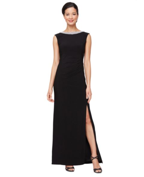 Женское платье Alex Evenings Embellished-Neck Side-Slit Gown, цвет: Чёрный