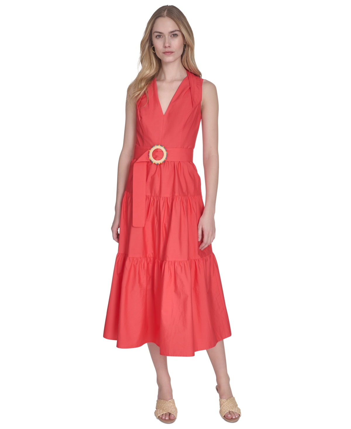 Vince Camuto Petite Cotton Belted Sleeveless Tiered Midi Dress In Red