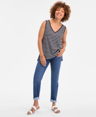 売れ筋商品|||スタイルアンドコー カットソー トップス レディース Women's Striped Linen Blend V-Neck Tank Top, Exclusively at Macy's Bright White Combo Style & Co Women's Striped Linen Blend V-Neck Tank Top