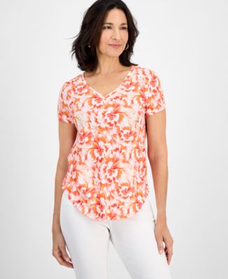 売れ筋商品|||スタイルアンドコー カットソー トップス レディース Petite Blurred Floral Perfect V-Neck Tee, Exclusively at Macy's Atomic Orange Combo Style & Co Petite Blurred Floral Perfect V-Neck Tee