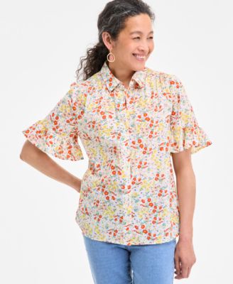Style & Co - Women's Metallic Floral-Print Ruffled Camp Shirt, Exclusively at Macy's