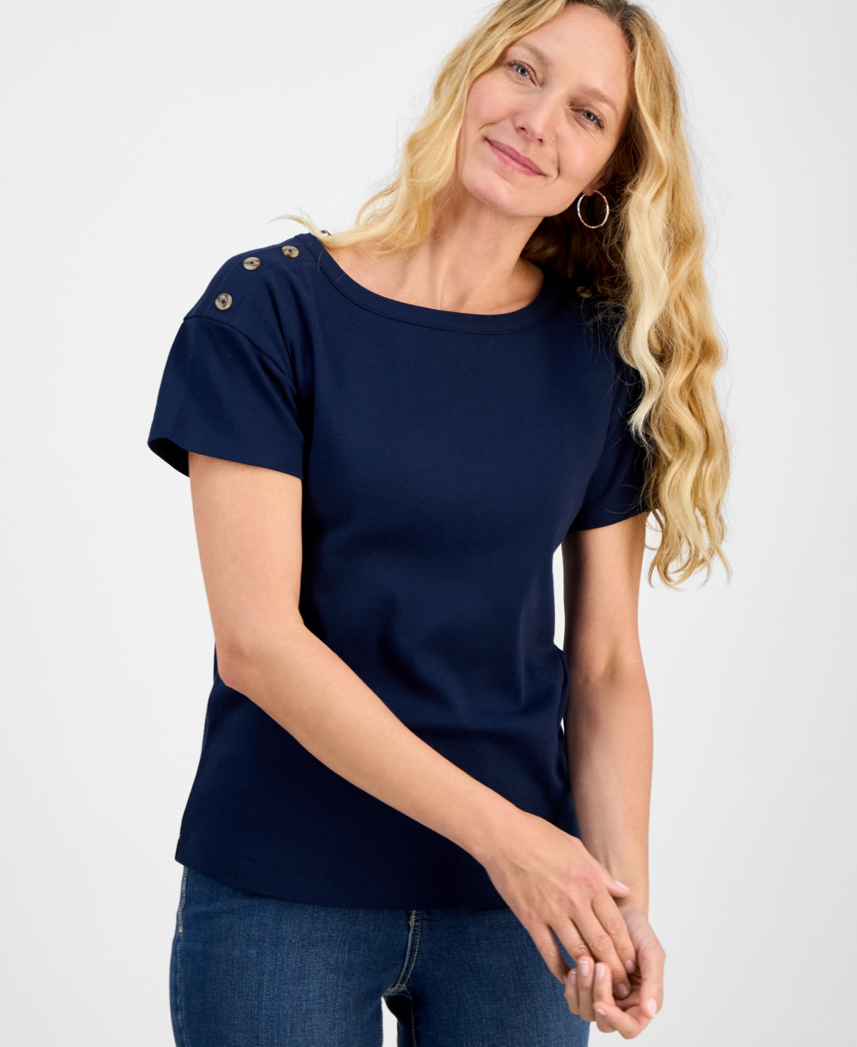 Petite Cotton Button-Shoulder Tee, Exclusively at Macy's - Stonewall