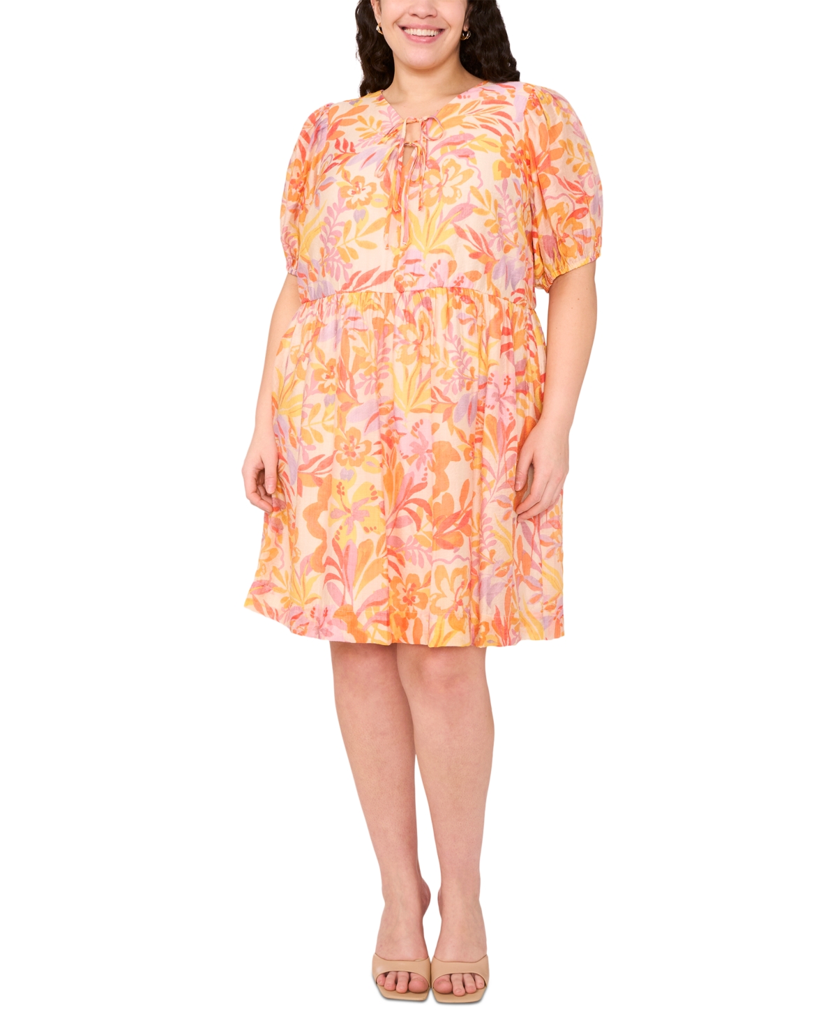 Plus Size Printed Tie-Neck Short-Sleeve Dress - Peach Multi