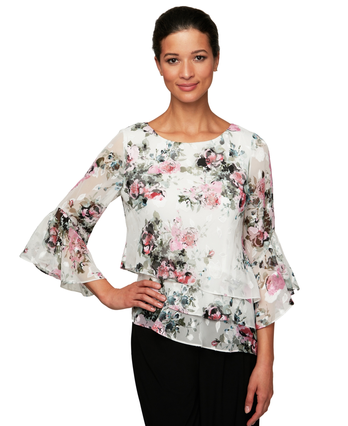 Petite Tiered Asymmetrical Hem Chiffon Top - Ivory/Pink