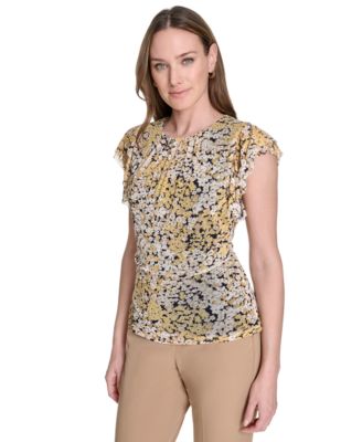 Women's Printed-Mesh Flutter-Sleeve Top
