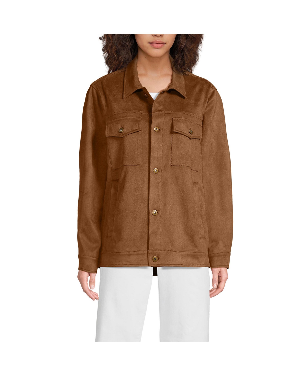 Women's Unisex Faux Suede Trucker Jacket - Deep caramel suede