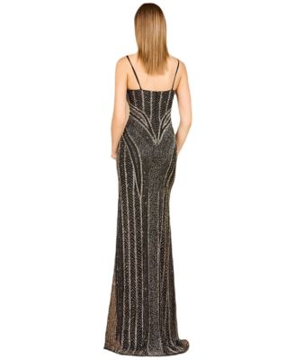 Women's Spaghetti Strap Beaded Gown with Slit