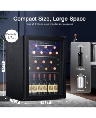 1.7 Cu.Ft. Wine & Beverage Fridge – Holds 16 Bottles & 68 Cans, Digital Temp Control, Blue LED, Glass Door, Freestanding for Home/Bar