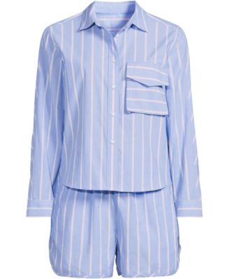 Plus Size Cotton Poplin 2 Piece Pajama Set - Long Sleeve Top and Shorts with Piping