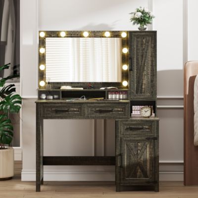 Makeup Vanity with Square Mirror, Tricolor Light & Charger