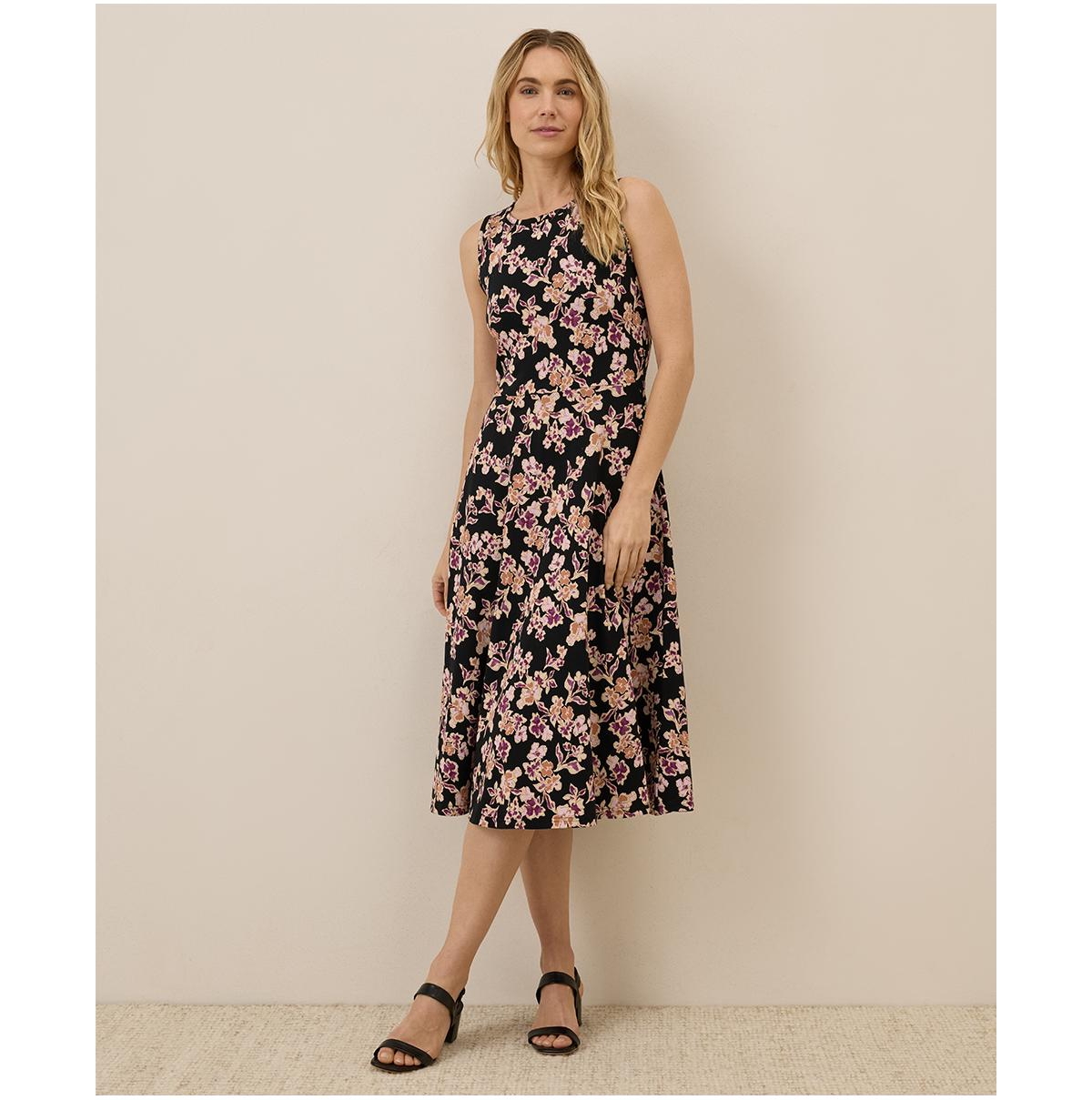 Pact Women's Organic Cotton Fit & Flare Keyhole Back Dress - Scattered posies black