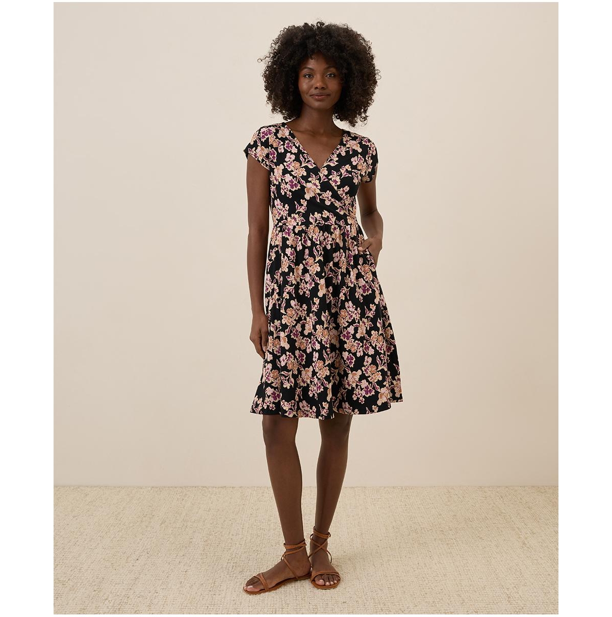 Pact Women's Organic Cotton Fit & Flare Crossover Dress - Scattered posies black