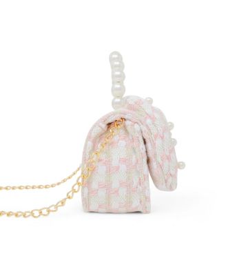 Girls Tweed Jumbo Pearl Bow Handbag, Pink