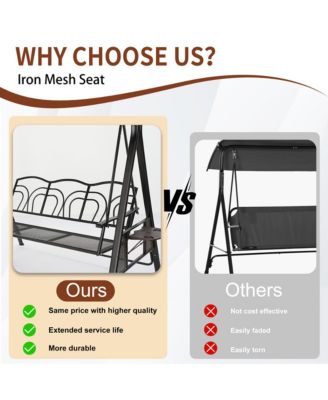 Steel 3 Person Patio Swing Chair Swinging Outdoor Chair with Removable Mat, Cushion and Convertible Canopy, Navy Blue