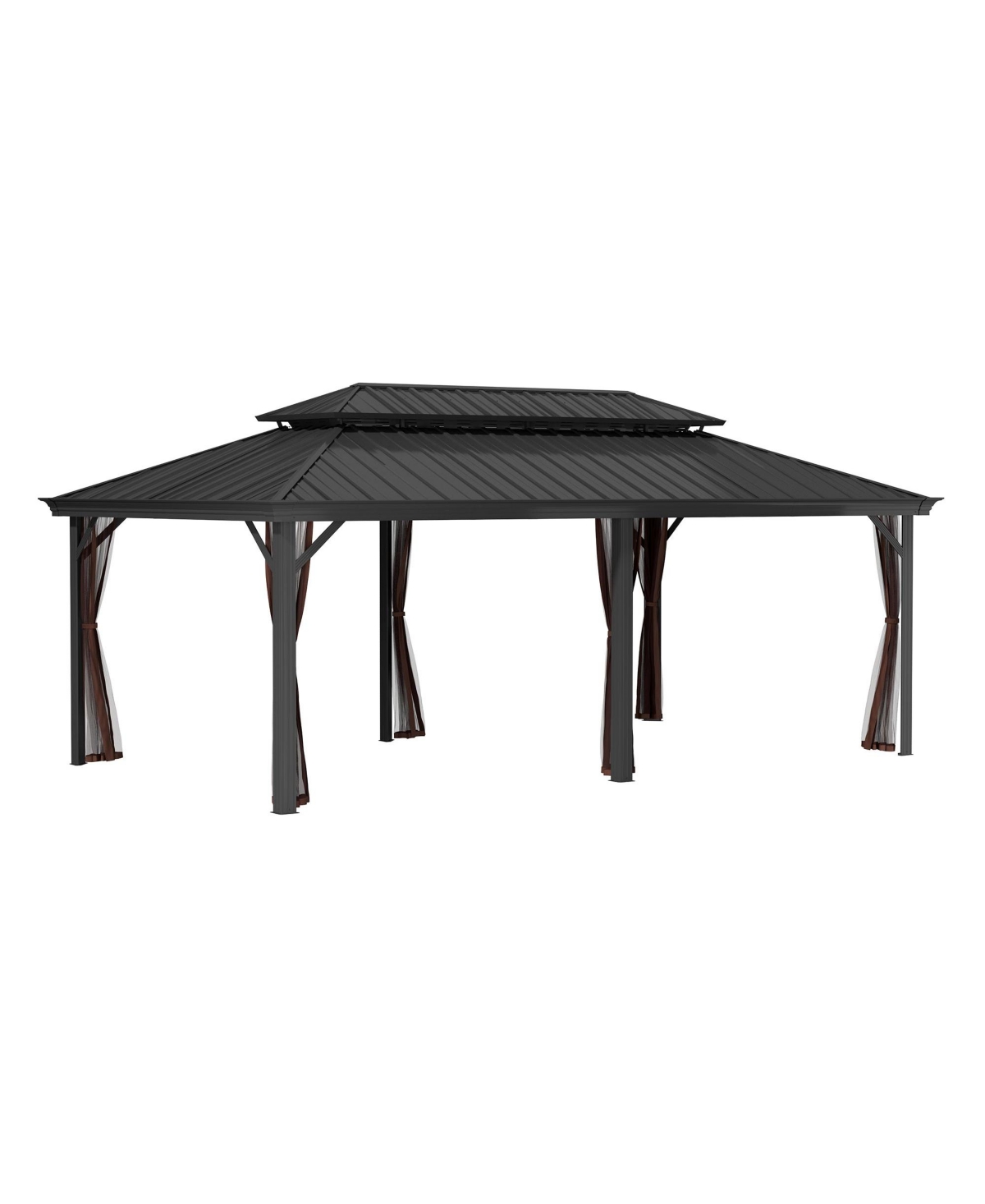 12x20 Ft Hard Top Metal Gazebo Patio Double Roof Canopy Aluminum Frame Gazebo with Netting Tent Curtains - Brown