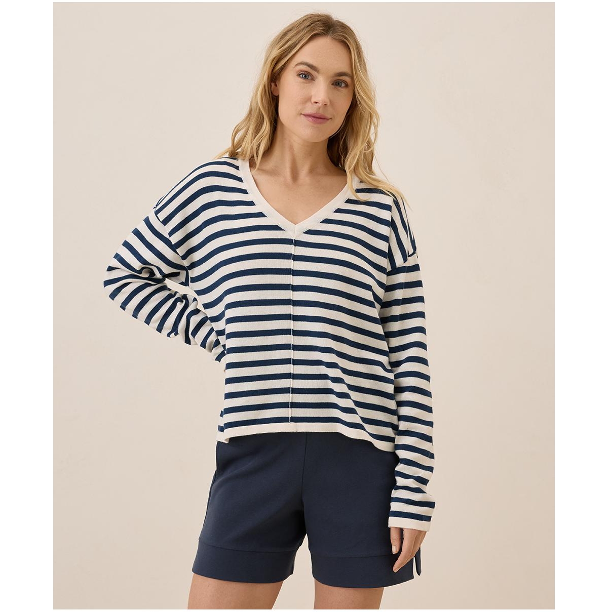 Women's Organic Cotton Classic Fine Knit Relaxed Sweater - Encinitas stripe midnight blue