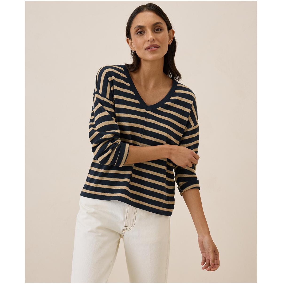 Women's Organic Cotton Classic Fine Knit Relaxed Sweater - Encinitas stripe midnight blue