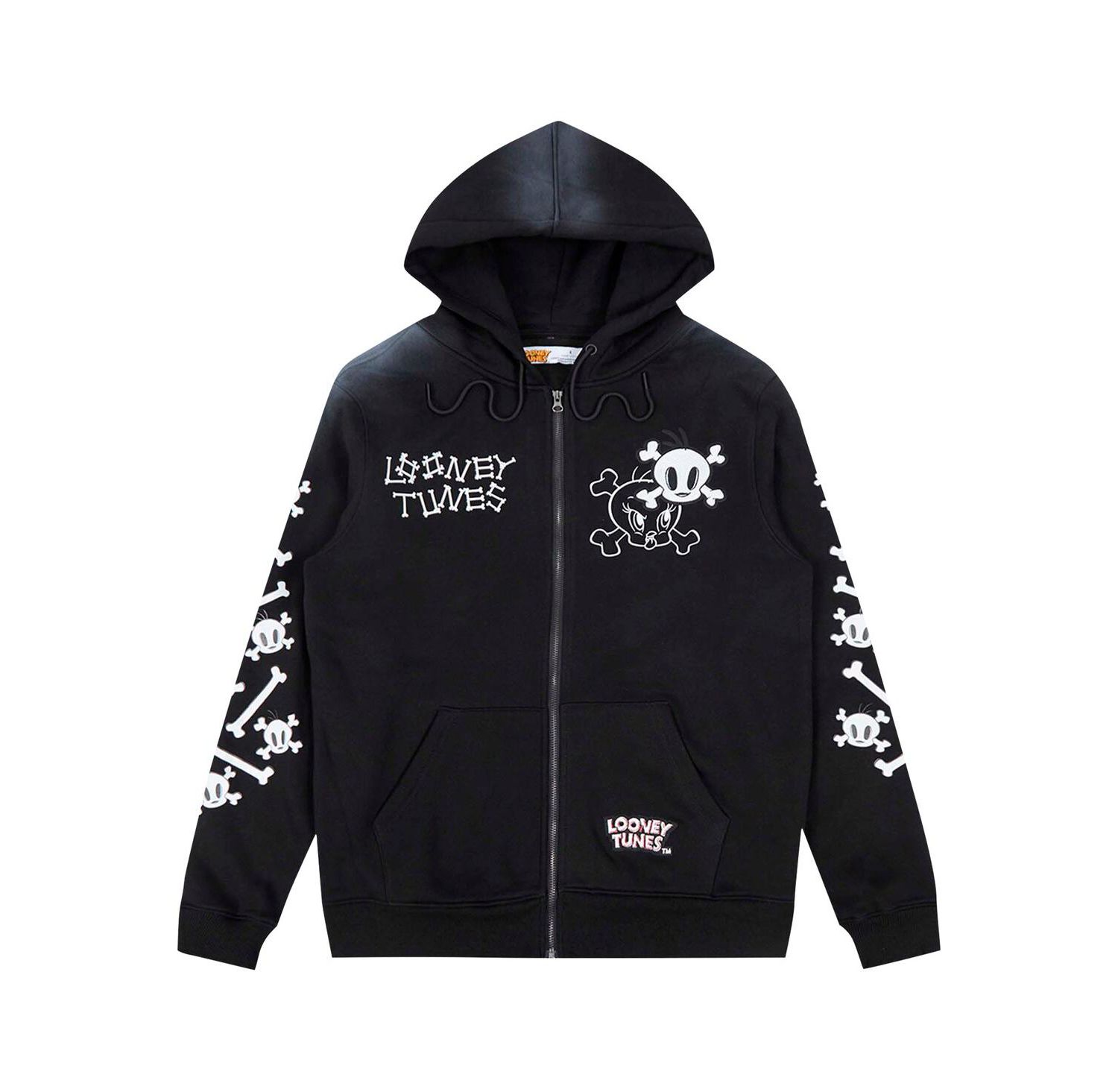 Men's Black Looney Tunes Tweety Bones Hoodie Full-Zip Sweatshirt