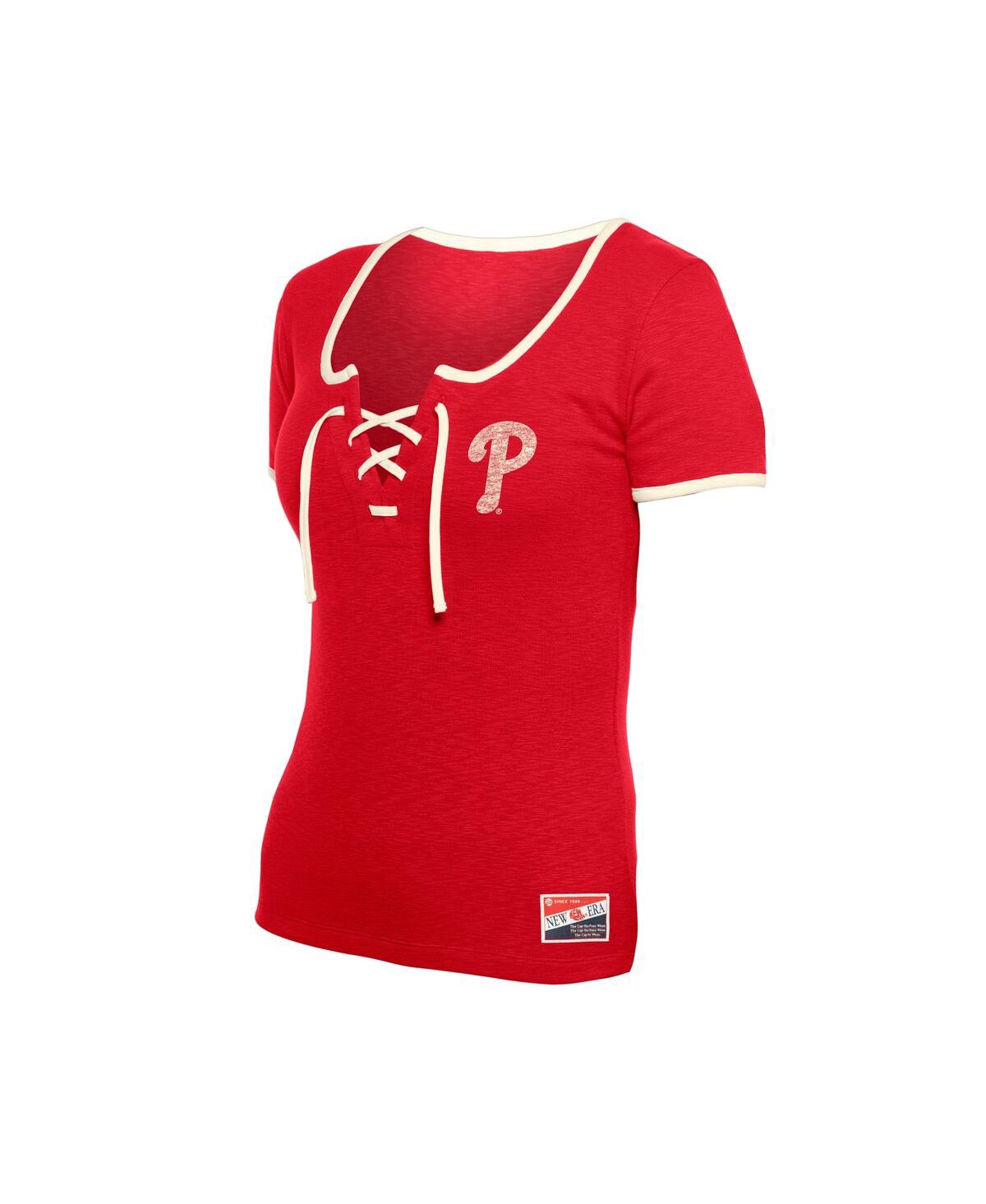 NEW ERA WOMEN'S RED PHILADELPHIA PHILLIES THROWBACK LACE UP T-SHIRT 