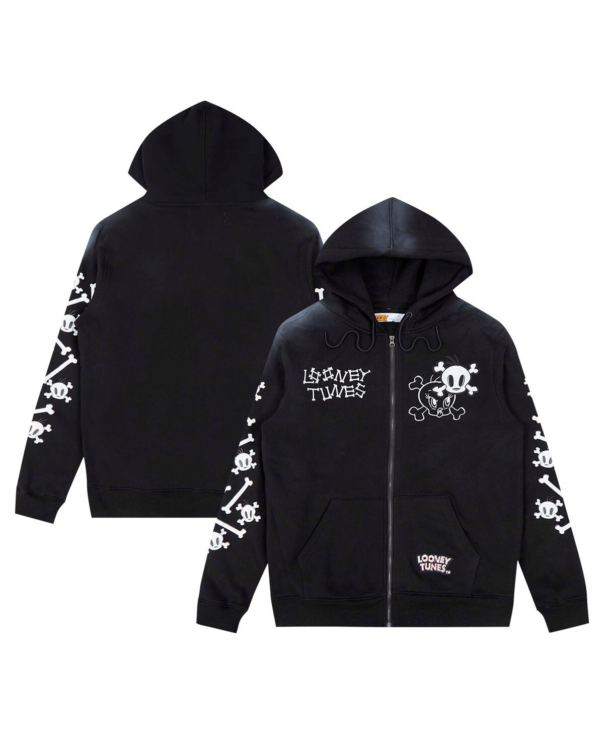 Men's Black Looney Tunes Tweety Bones Hoodie Full-Zip Sweatshirt - Black