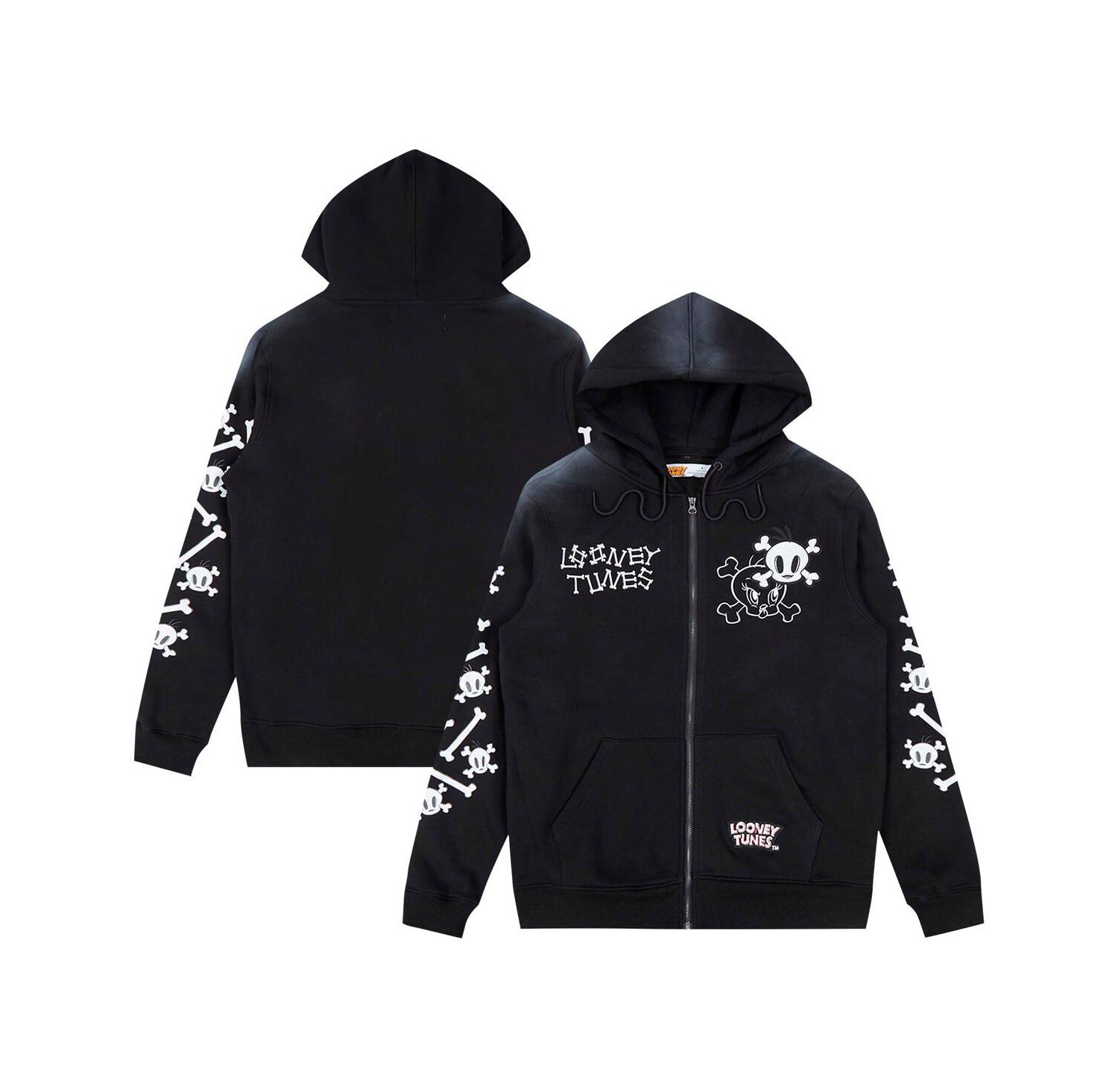 Men's Black Looney Tunes Tweety Bones Hoodie Full-Zip Sweatshirt