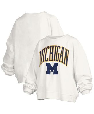Pressbox - Women's White Michigan Wolverines Janise Arch Over Logo Waist Length Oversized Pullover Sweatshirt