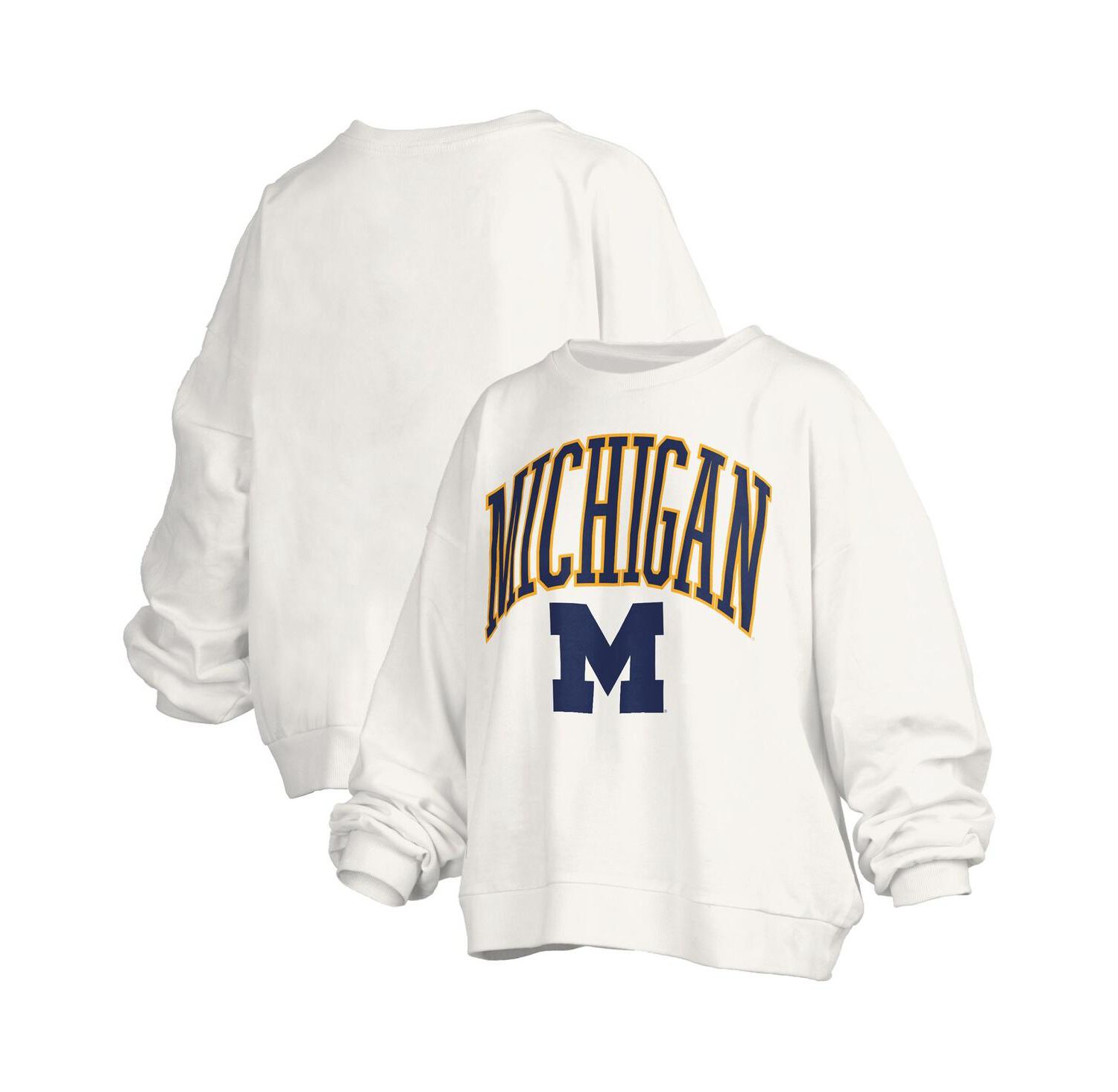 Women's White Michigan Wolverines Janise Arch Over Logo Waist Length Oversized Pullover Sweatshirt