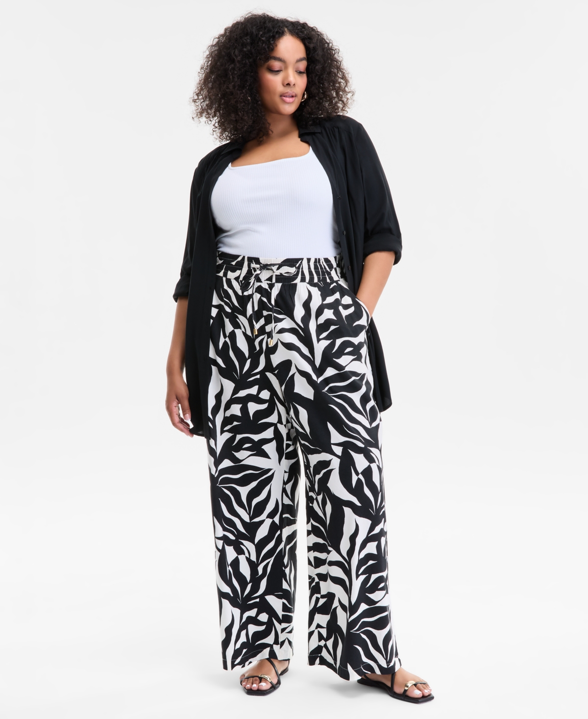 Plus Size Printed Wide-Leg Pants, Exclusively at Macy's - Mira Palm-Black