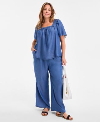 Plus Size Smocked-Square-Neck Short-Sleeve Cotton Top, Exclusively at Macy's 