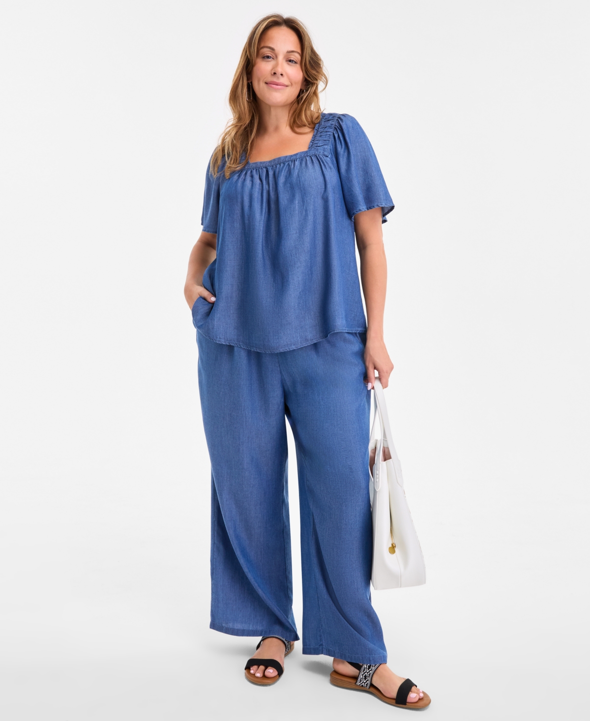 Style & Co Plus Size Smocked-square-neck Short-sleeve Cotton Top, Exclusively At Macy's