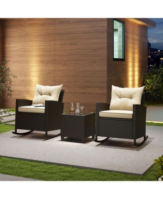 3 Piece Outdoor Rocking Set Rattan Rocking Chair Set w/ Tempered Glass Table Seat