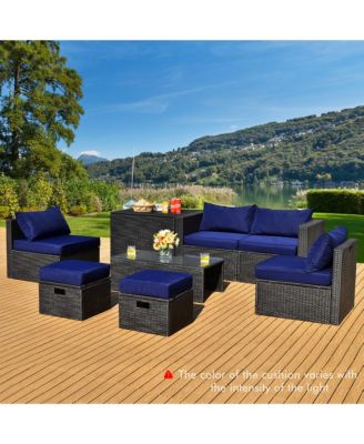 8PCS Rattan Patio Sectional Furniture Set w/ Waterproof Cover & Cushions