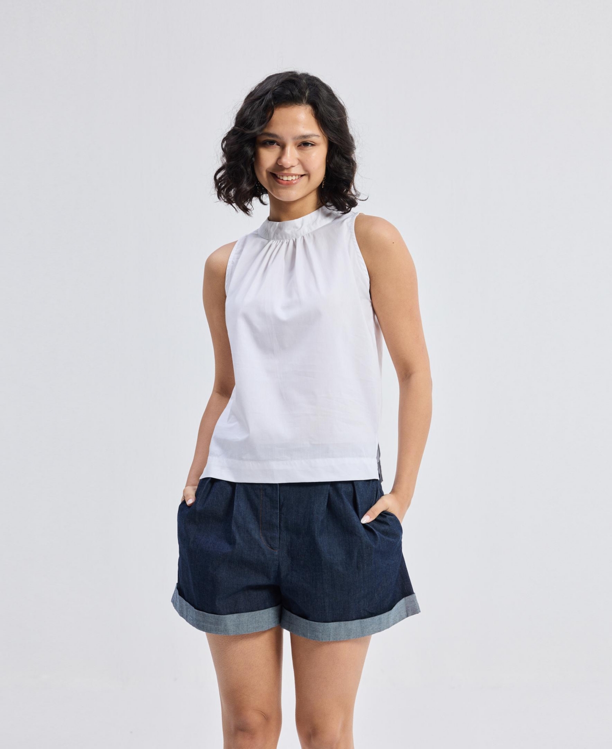 Women's High-Neck Top with Gathers in White - White
