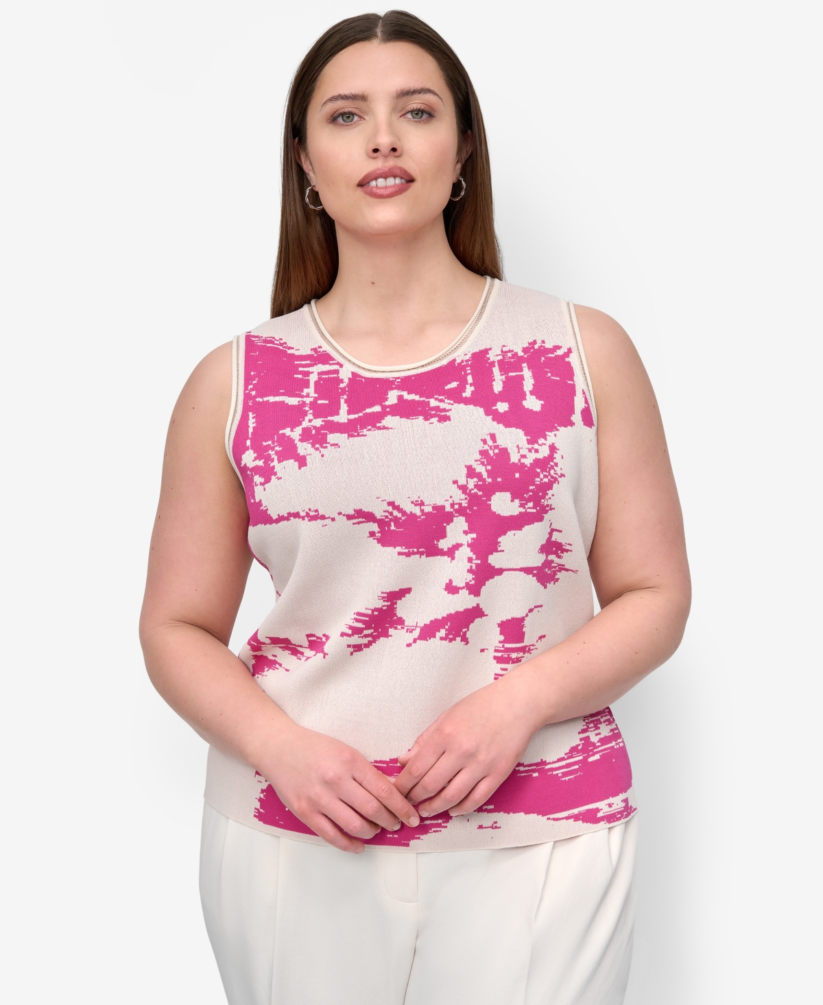 Plus Size Printed Sleeveless Knit Top - Vivid Pink / Coconut