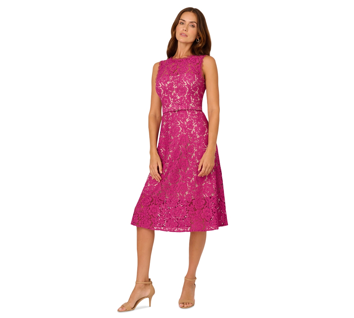 Adrianna Papell Belted Sleeveless Lace Midi Dress In Pink