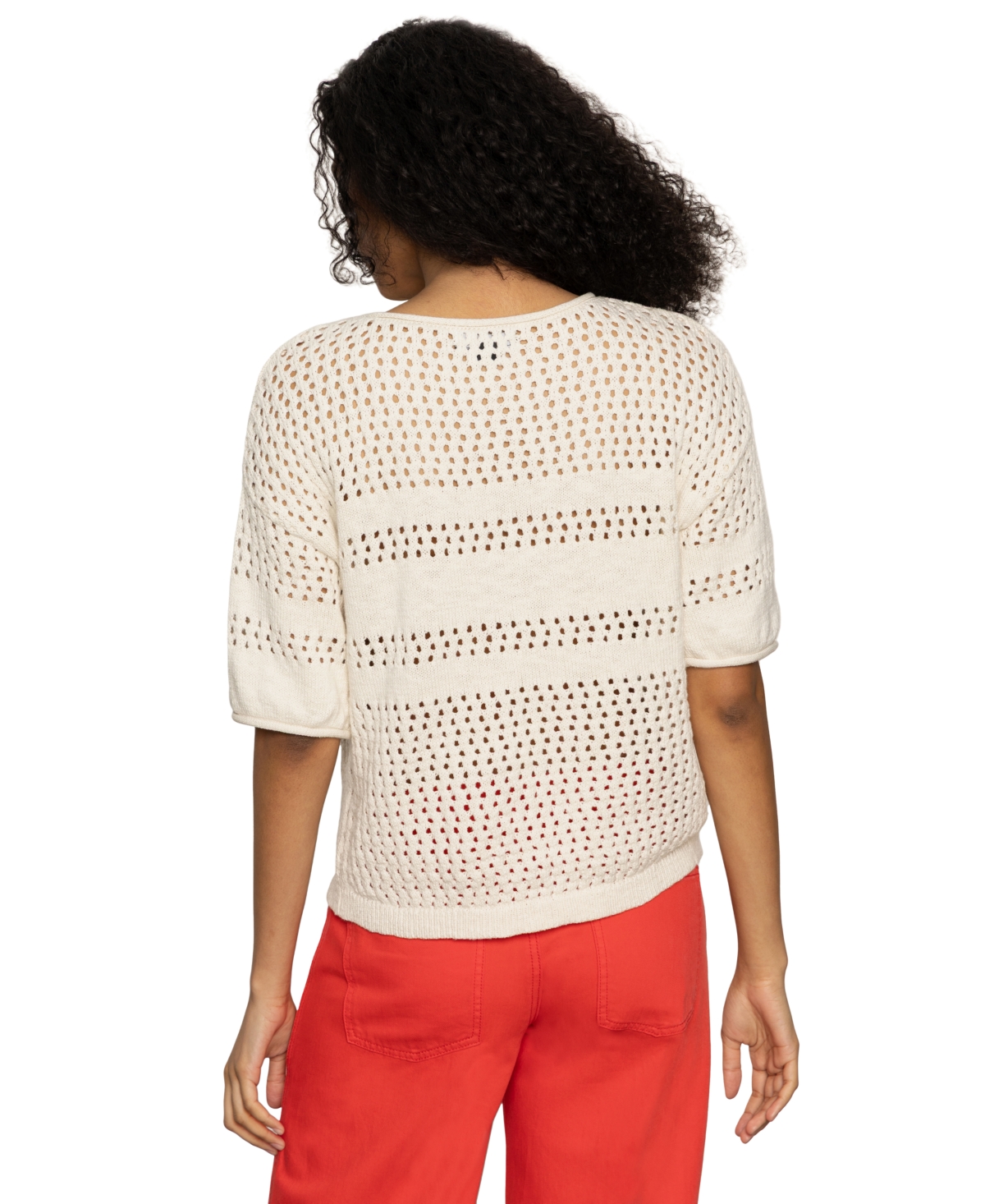Sanctuary Stripe Open Stitch Elbow Sleeve Cotton Sweater