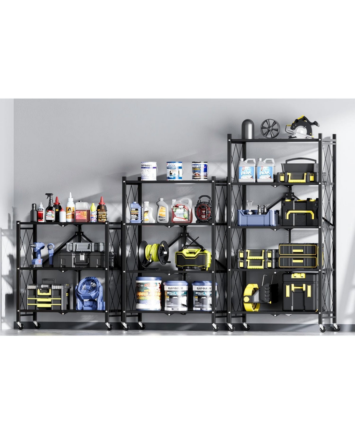 3-Tier Heavy Duty Foldable Metal Rack Storage Shelving Unit with Wheels Moving Easily Organizer Shelves Great for Garage Kitchen