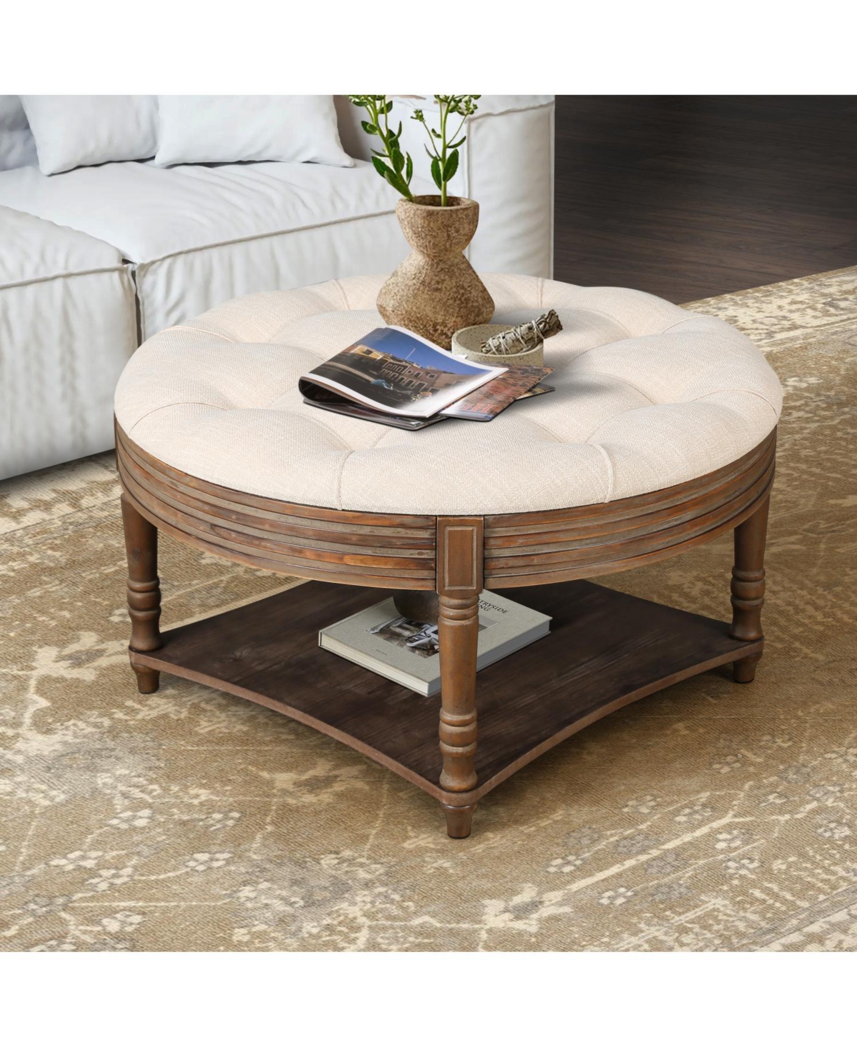 2-Tier Round Waterproof Ottoman Coffee Table with Storage - Beige+white