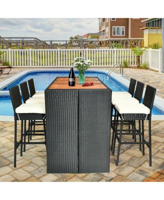 7 PCS Patio Rattan Wicker Bar Dining Furniture Set wood Table Top 6 Stools