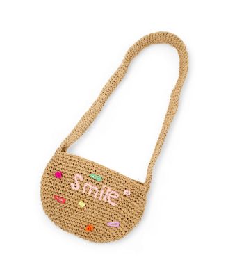 Girls Wicker Crossbody Message Charm Tote, Hot Pink "Love"