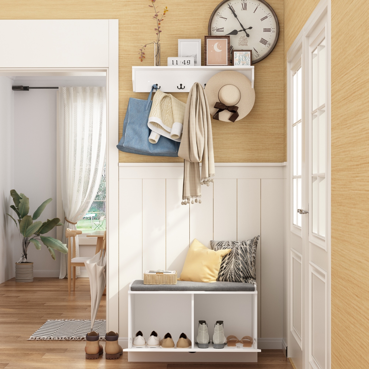 Shoe bench with two lockers, white wooden shoe rack with coat rack, Entryway Bench - White