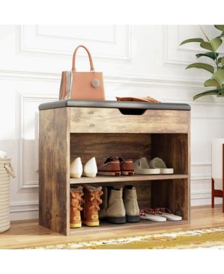 Shoe bench with shelves, natural wooden shoe rack with 3 storage compartments, Entryway Bench