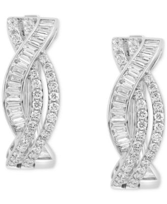 EFFY&reg; Diamond Round & Baguette Twist Style Small Hoop Earrings (1-1/6 ct. t.w.) in 14k White Gold, 0.6"