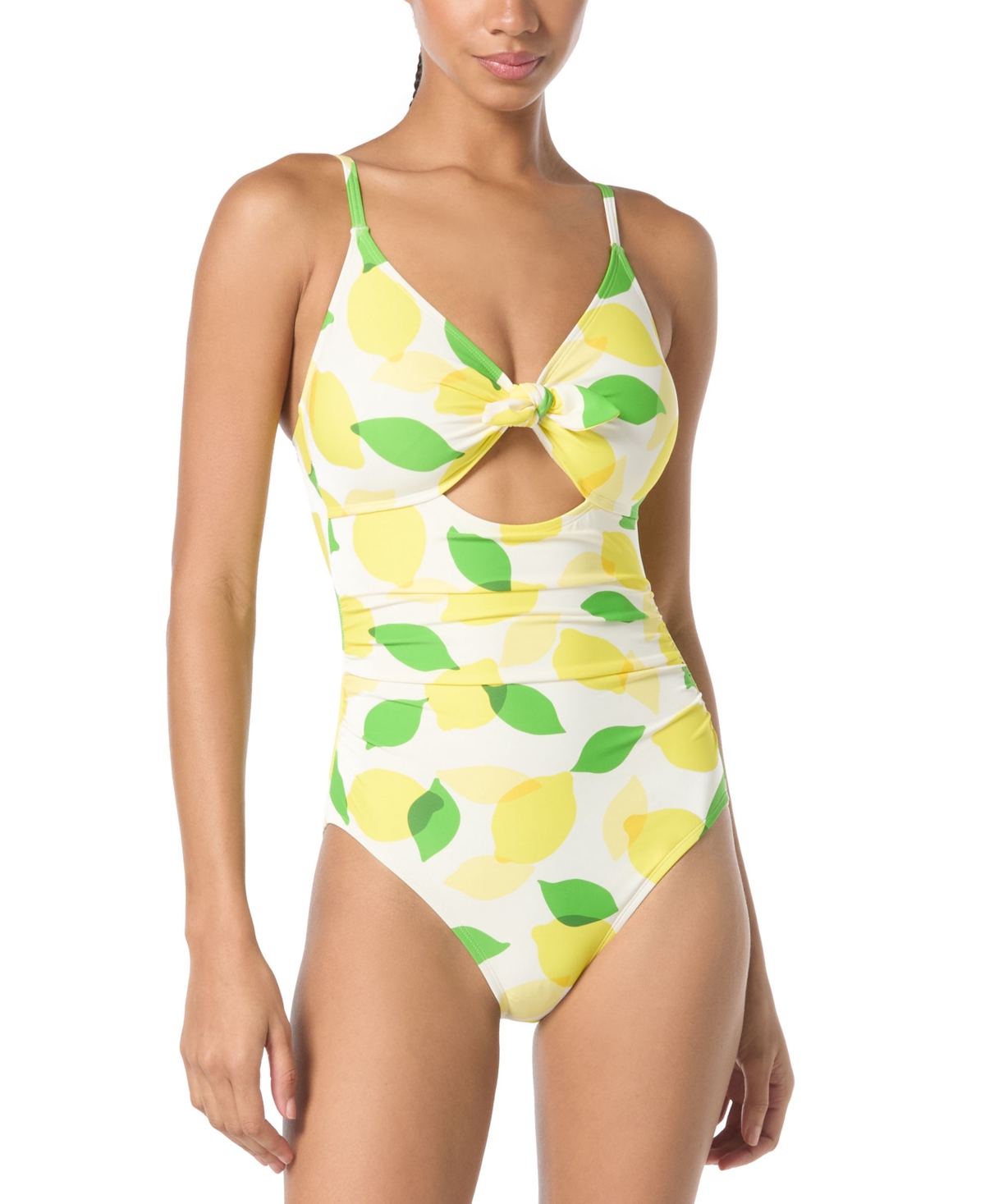 Women's Lemon-Print Tie-Front Shirred One-Piece Swimsuit, Exclusively at Macy's - White